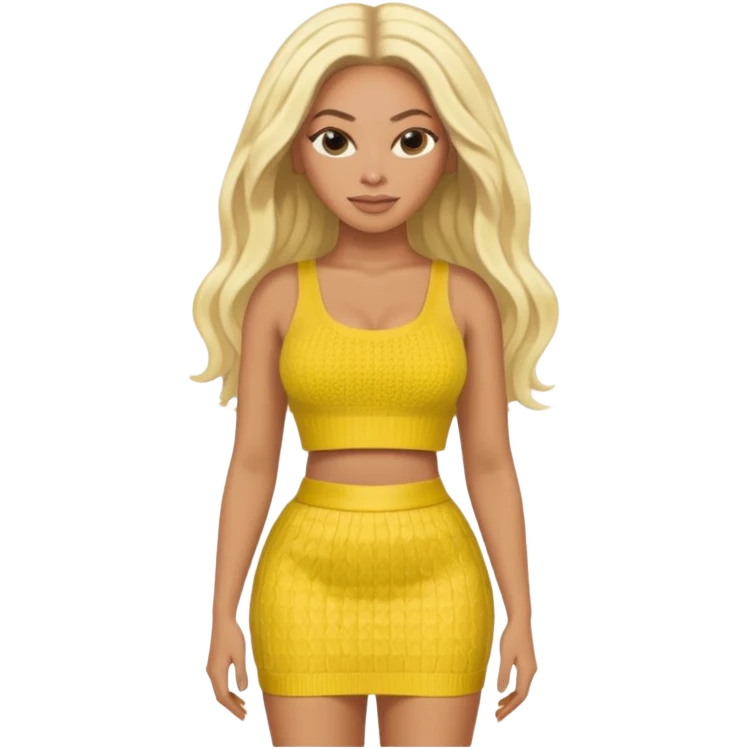 Beyonce with long platinum blonde hair, yellow crop top and skirt emoji