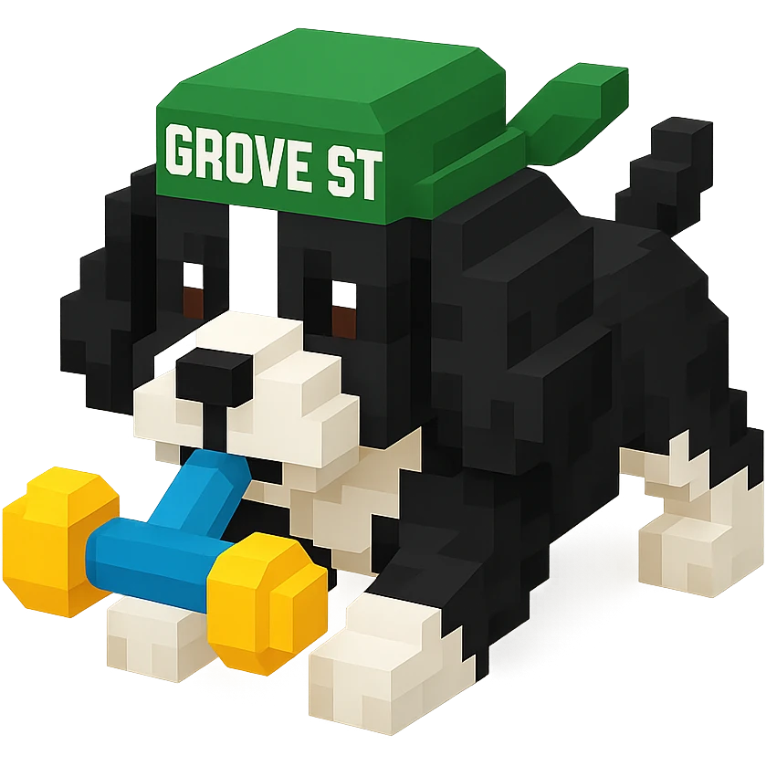 A black and white Russian Cocker Spaniel puppy wearing a grove street durag, voxel style, playing with a toy emoji