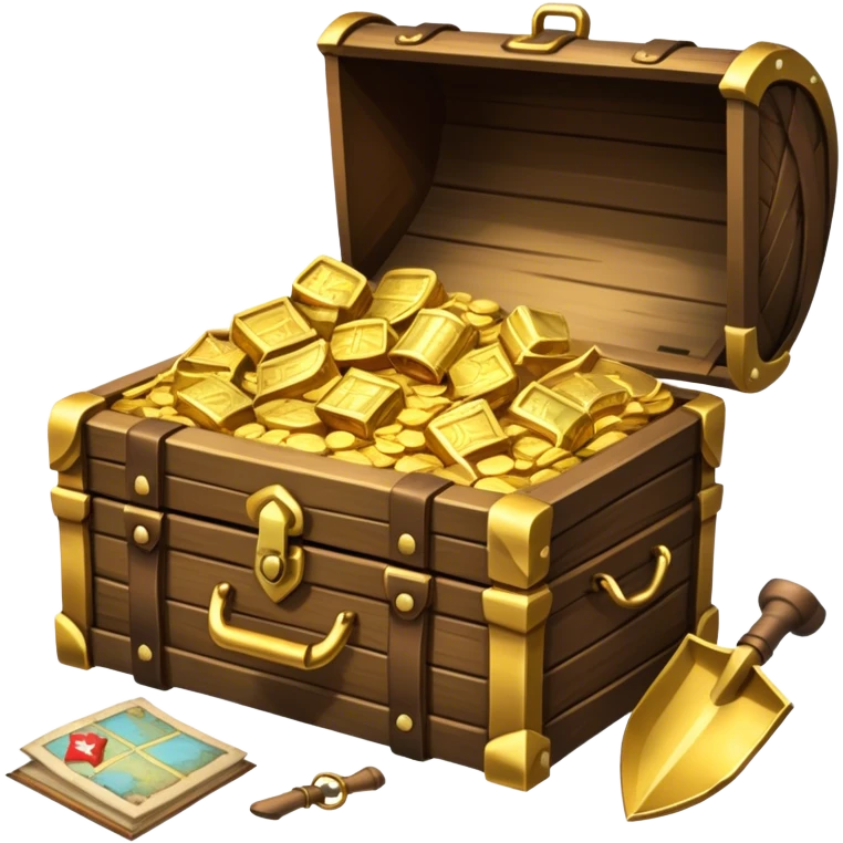 An icon showcasing a treasure chest filled with gold, a treasure map rolled up beside it, a backpack and shovel ready for the next adventure. The design captures the essence of treasure hunting, exploration, and excitement, set on a transparent background to emphasize the thrill of discovery. emoji