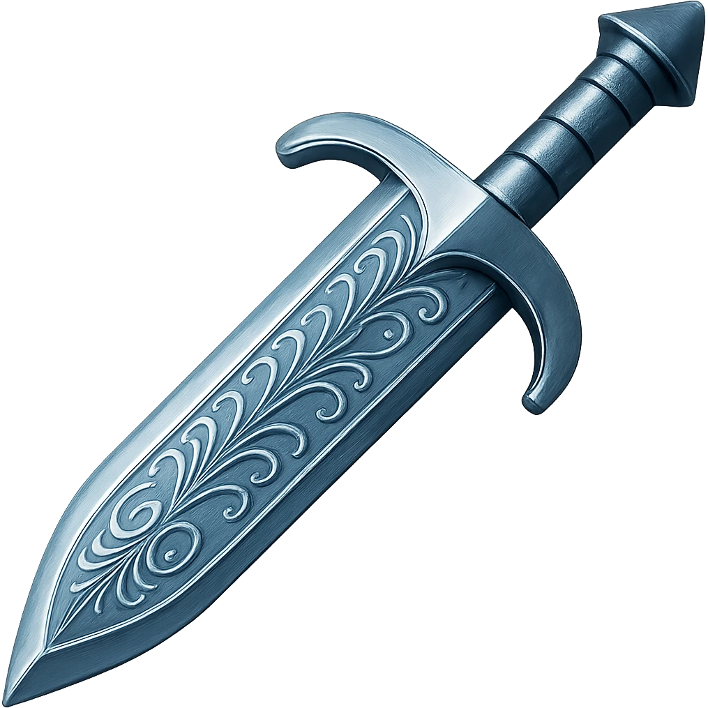 Recolor this weapon to match the blueish-gray steel color and ornate engravings of the reference helmet. Emphasize the cool metallic finish and detailed engravings, matching the helmet exactly. Transparent background. The style should reflect a cool metallic look with detailed engravings as seen in the helmet reference. emoji