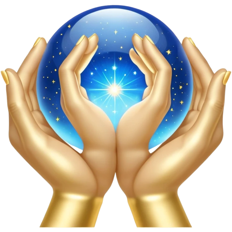 Emoji of two open hands holding a sphere of gold and blue light. Tiny sparkles emerge from the fingers, reflecting the power of manifestation. A pure white background. emoji