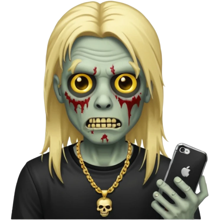 make a iphone emoji who is a zombie man with long blonde hair with light brown roots, with a black punk shirt and a golden neckless emoji