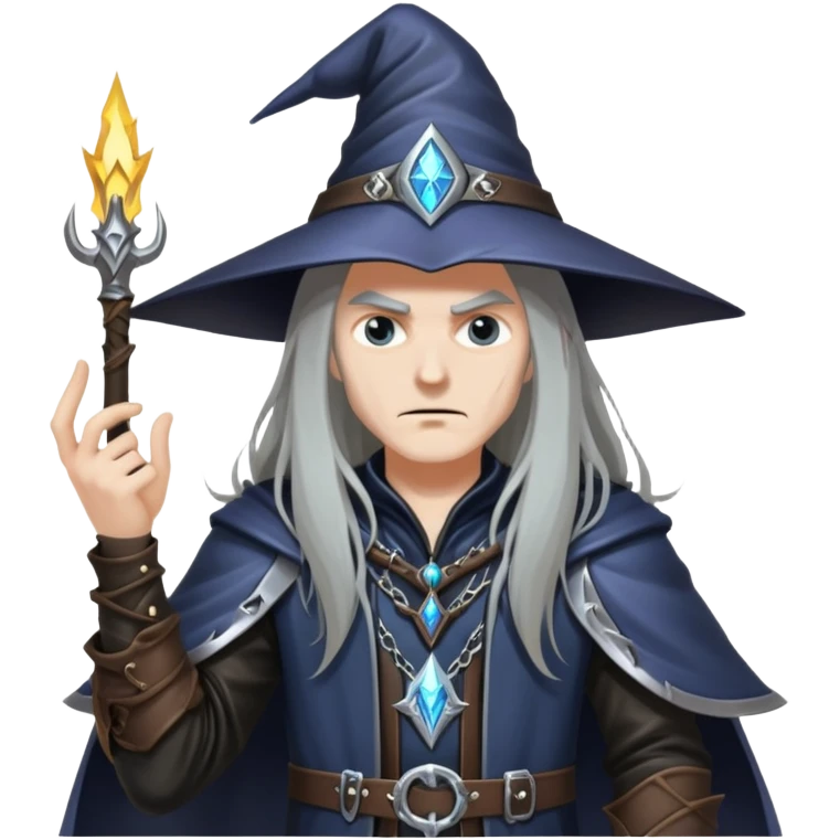 wizard with long hair, heavy metal aesthetic, leather clothes, dark magic emoji