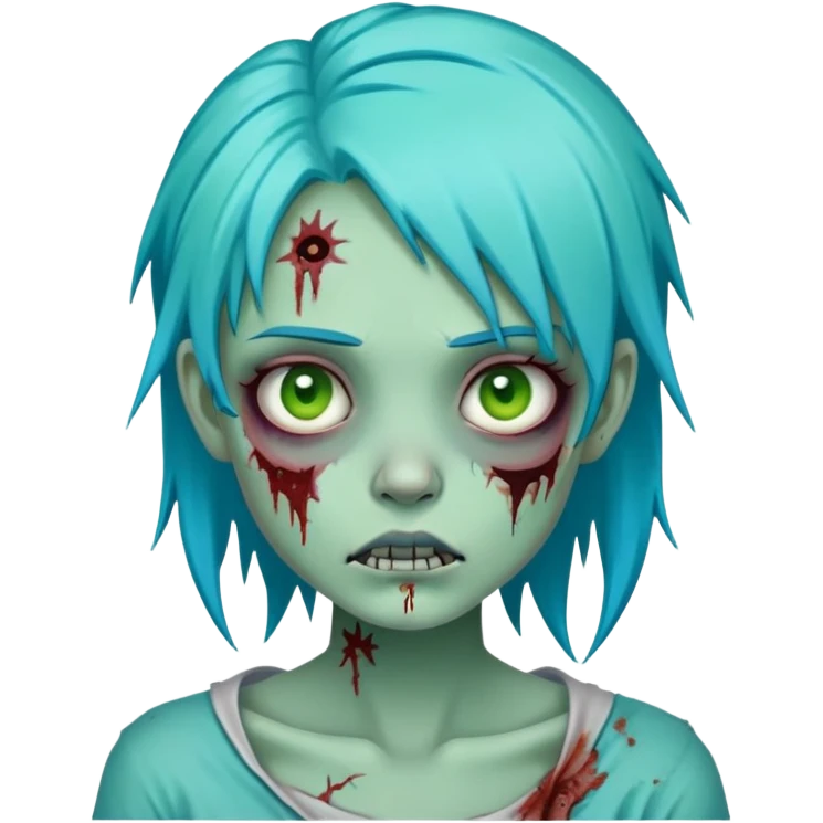 zombie girl with turquoise blue hair, pale green skin, stitches on face, cartoonish undead appearance emoji