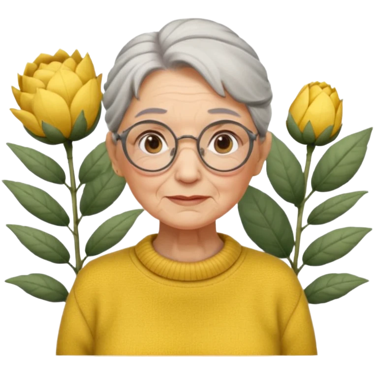 Abuela con arrugas, cabello canoso blanco en moño, expresión tierna, gafas redondas, suéter amarillo y detalles relacionados con plantas. Estilo amable y acogedor. emoji