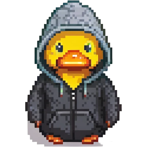 black rubber duck with tiny hoodie, hacker emoji