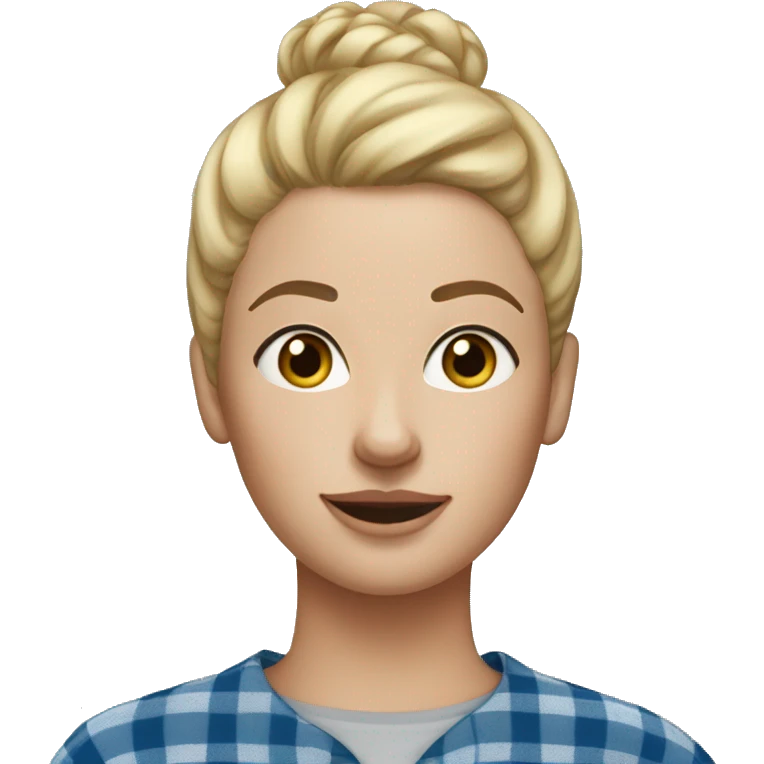 Blonde woman with freckles, blonde hair in a high bun, blue flannel, and gap in her tee emoji