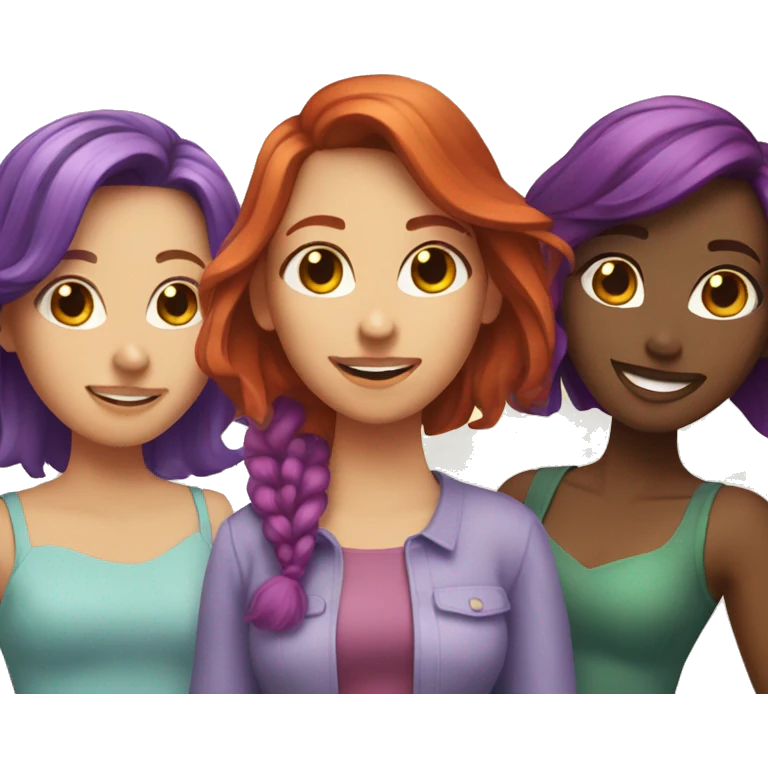 Four female best friends, one with red hair, one with purple hair, two with brown hair  emoji