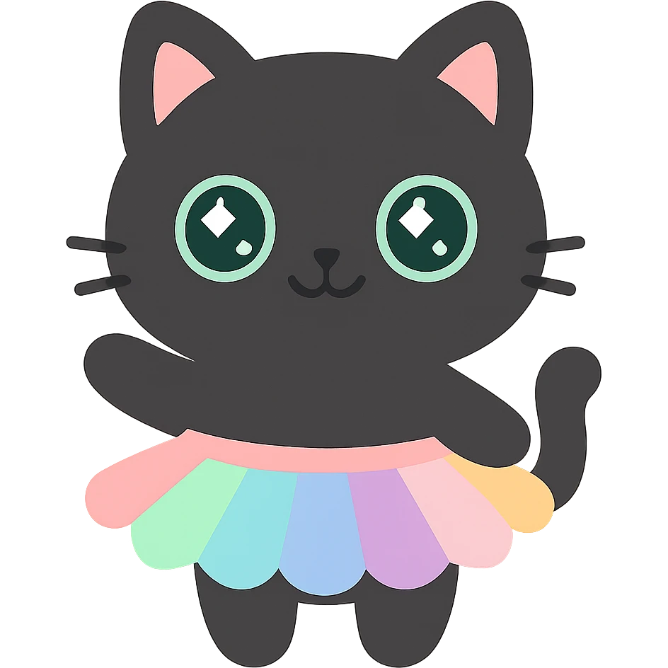 big black cat, green eyes, colorful tutu, kawaii style, adorable and soft emoji
