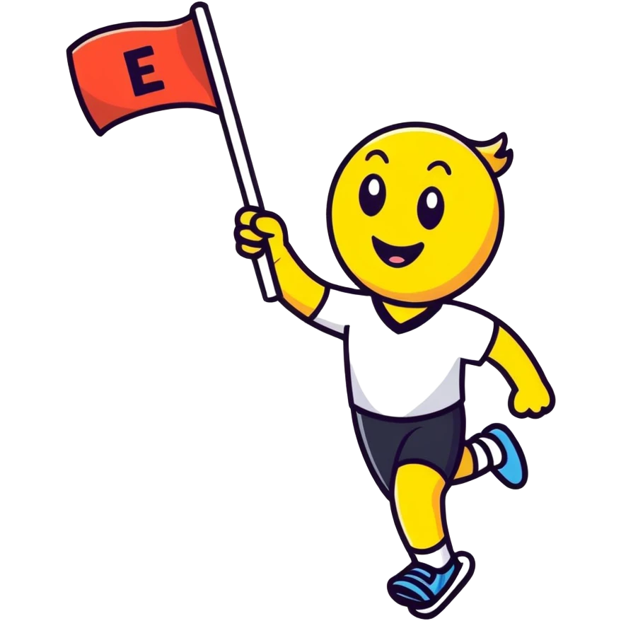 happy runner waving a flag that says 'emojiland’ emoji