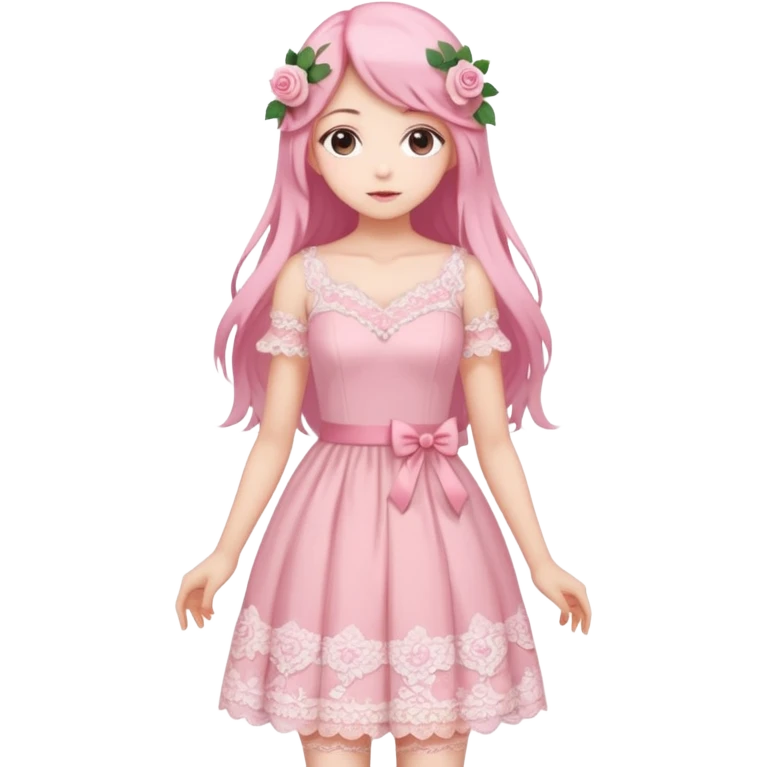 pastel anime woman with pink and white lace dress full body and long hair with roses emoji
