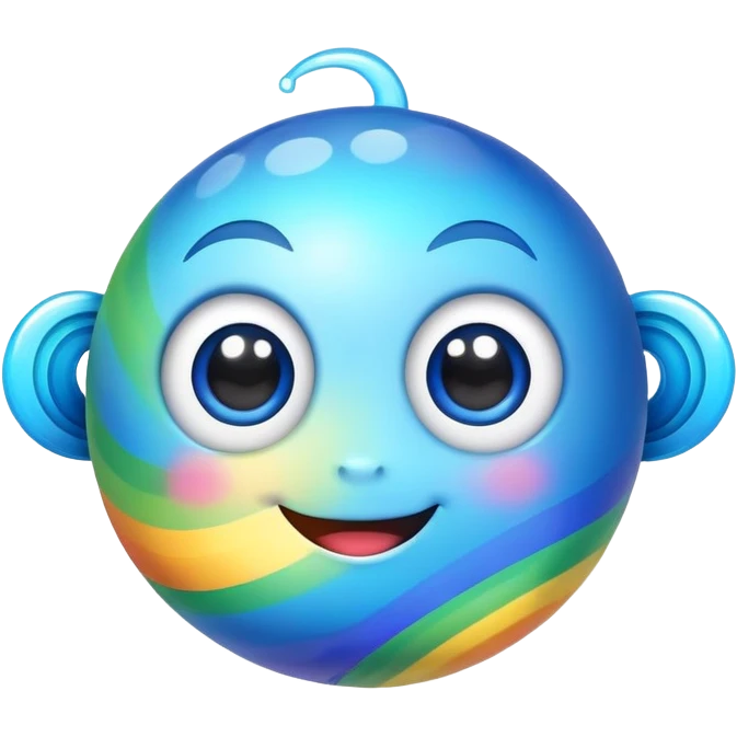 blue planet with rainbow colored rings and a cute smiling face with big eyes emoji