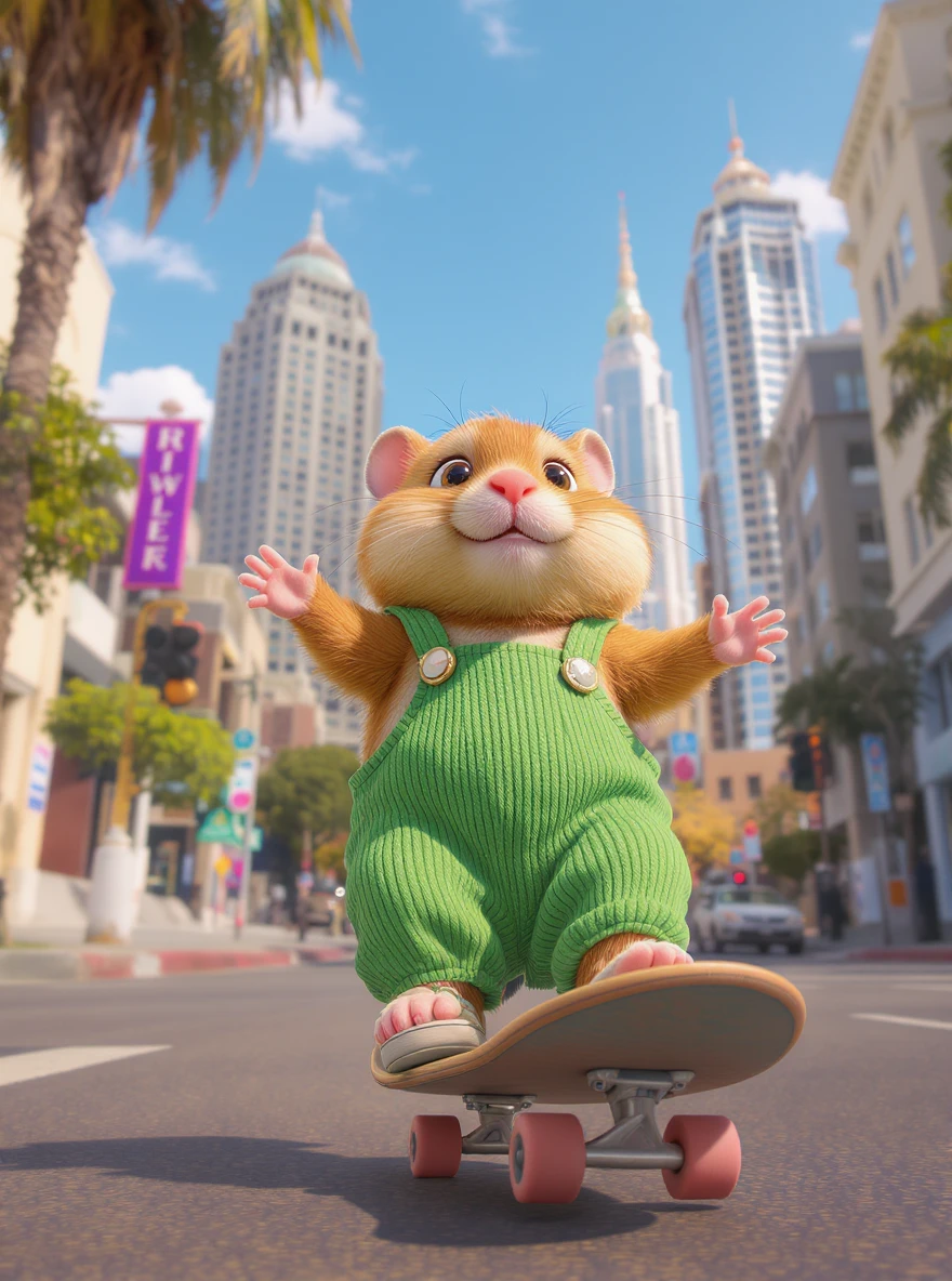 Disney style Cinematic still scane, Low angle shot, hamster dress in green outfit, monkey ride on skateboard, san francisno downtown with city lanscape, blue clean sky, captured by ARRI Alexa XT, soft cinematic lightning, back light, inspired by ToyStory 4 emoji
