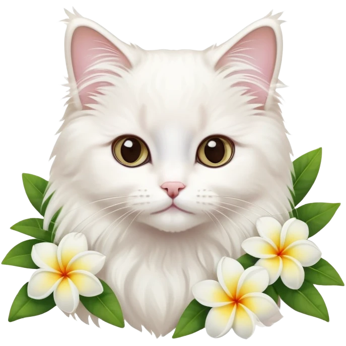 A cute  little white Ragdoll and frangipani emoji