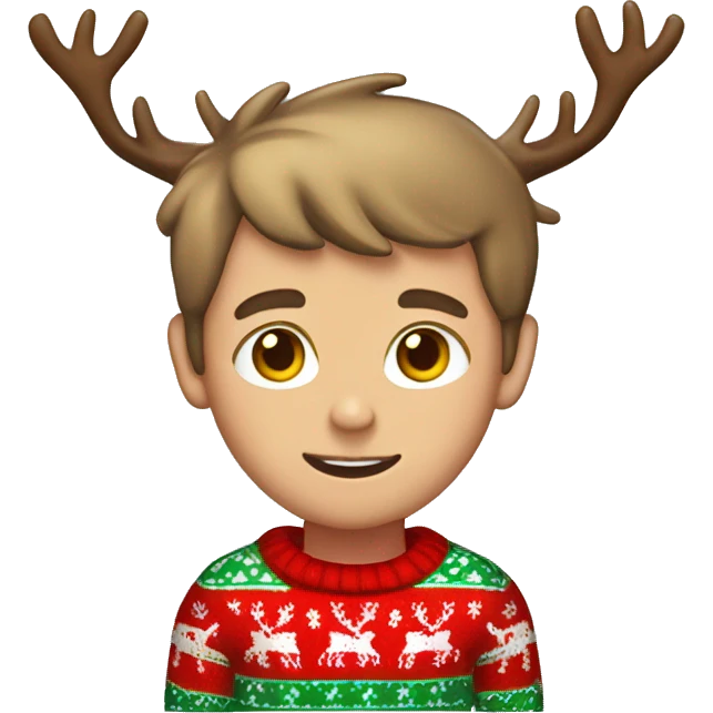 light brown haired boy with christmas sweater and raindeer horns emoji