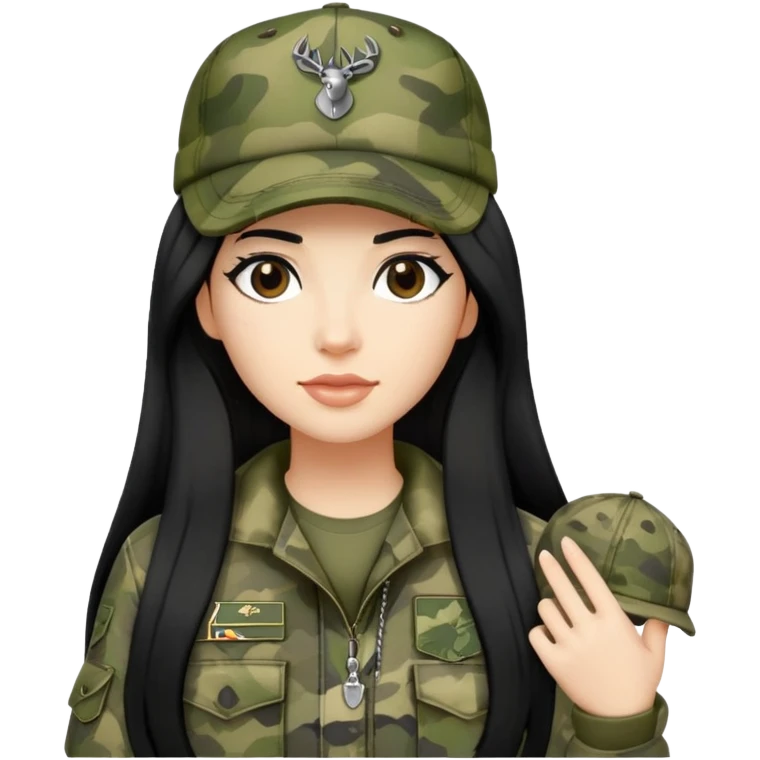 cartoon woman with long black hair wearing camo clothes and ian charms cap emoji