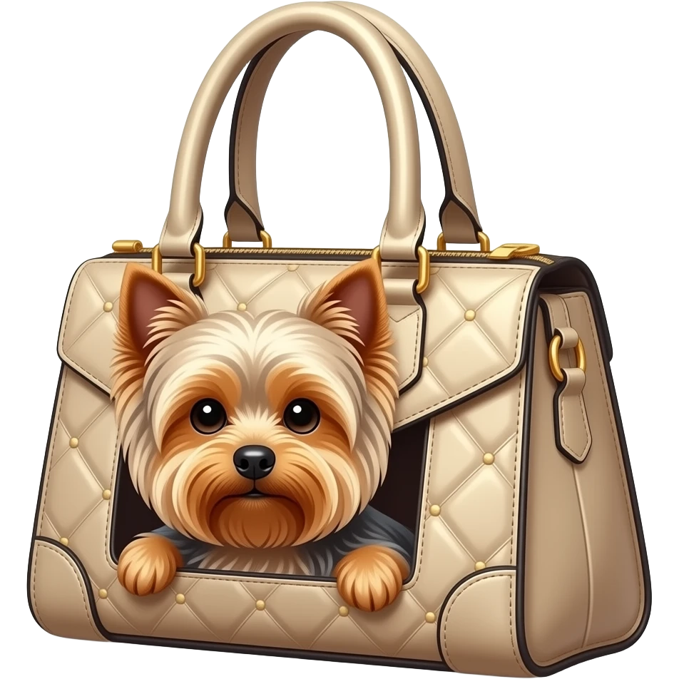 Un sac de luxe avec un yorkshire assis à l'interieur. La vue est en 3/4 Ajoute subtilité pour renforcer l'impression de luxe de la scène. L'ensemble est isolée sur un fond blanc. emoji