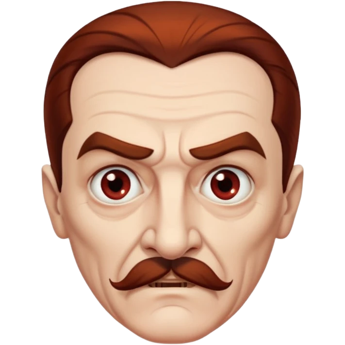 An elderly man with slicked-back reddish-brown hair, sharp brown eyes under heavy brows, and a white mustache, giving him a stern, Dracula-like appearance.  emoji
