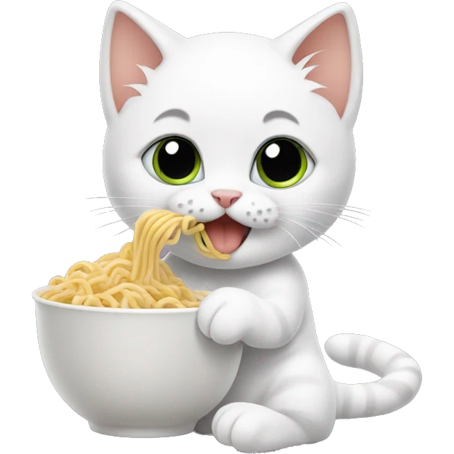 White kitten eating noodles emoji