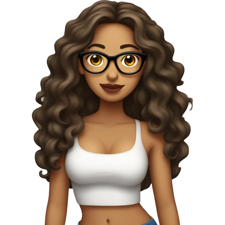 Latina girl with long wavy hair slim face and glasses with big lipswearing a tube top emoji