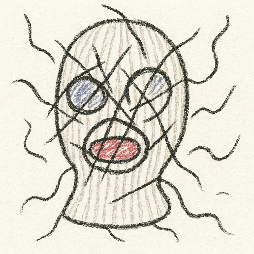 The mask is a full-head, white knitted balaclava with a tight ribbed texture. It features two asymmetrical eye openings and a partially exposed mouth area. Black thread is stitched across the surface in chaotic, abstract lines that trace facial features, giving a hand-drawn effect. Several black cords extend outward from the mask, varying in length and direction, adding a sculptural, almost organic appearance. The overall look is bold, handcrafted, and visually striking. emoji