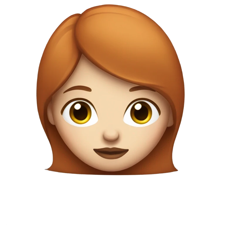 girl with straight short red hair, white skin, big glossy lips, bambie eyes, calm face, works on macbook emoji