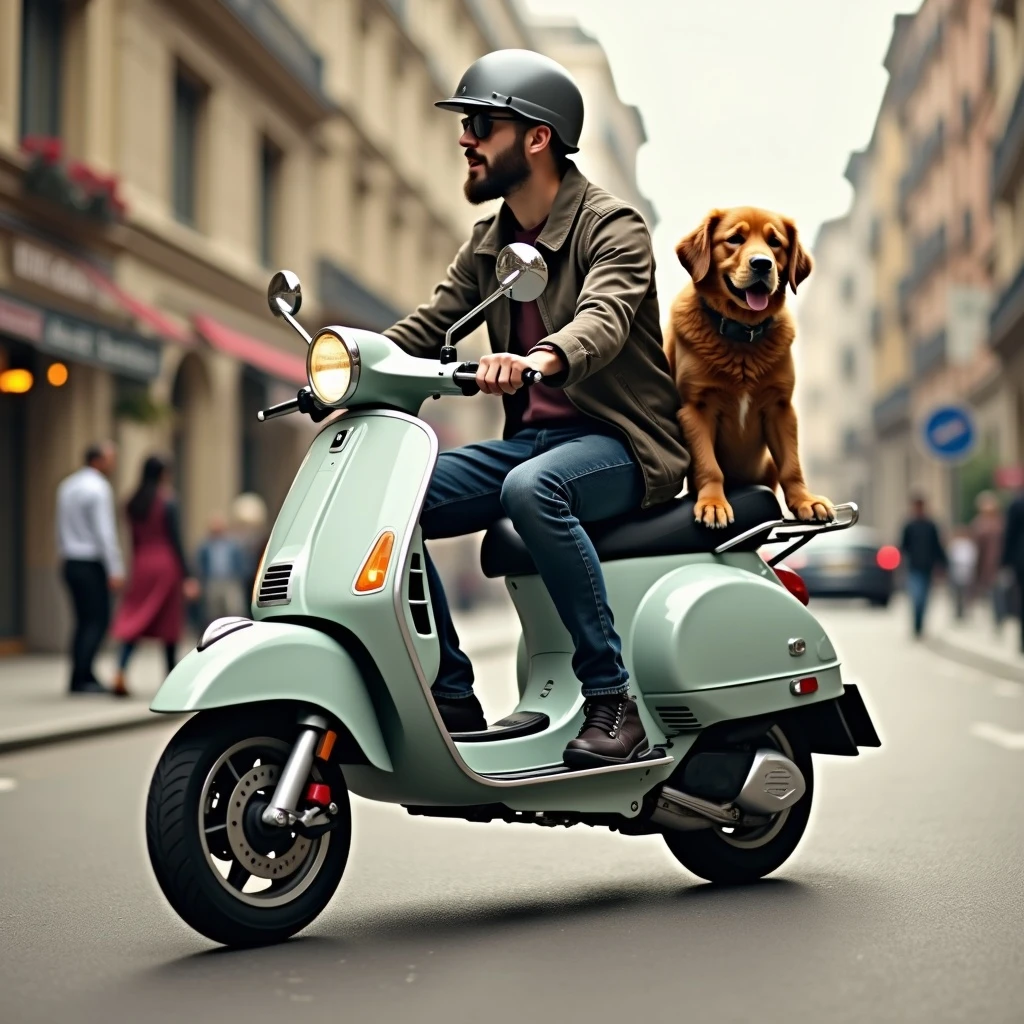 man and his pet dog riding a vespa emoji