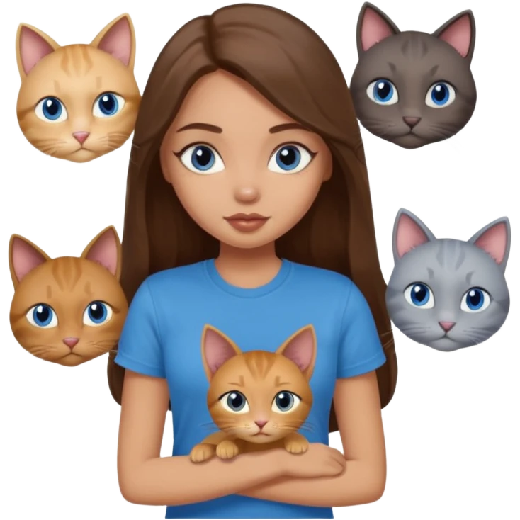 a pretty bratz dusky light skin girl with long brown hair, blue eyes with six cats nd wearing a grey tshirt emoji
