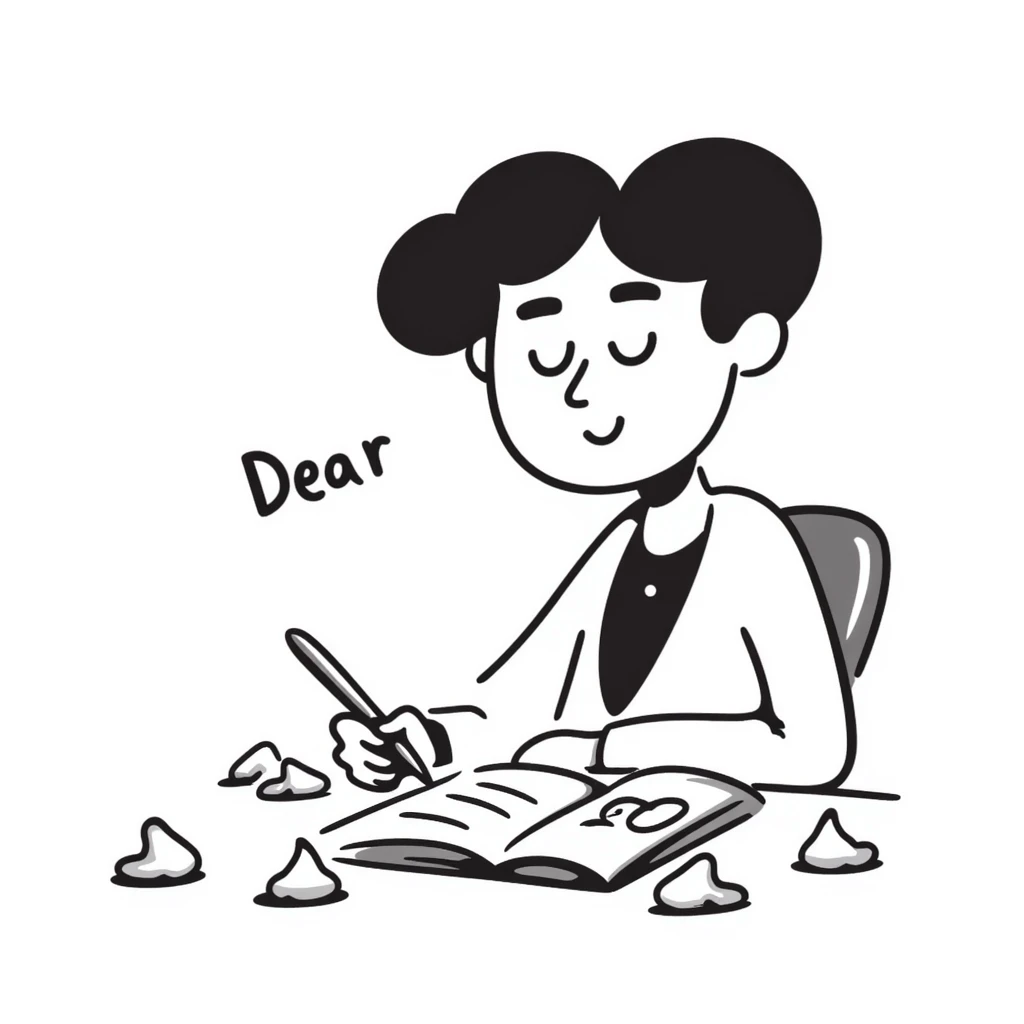 A student at a desk writing an essay that begins with "Dear God" in clear handwriting, surrounded by crumpled paper drafts emoji