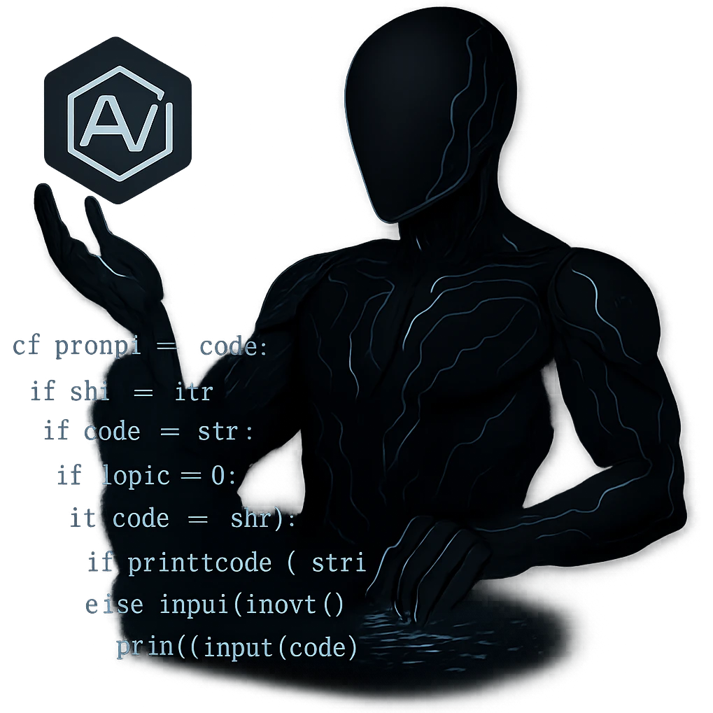 Change the AI suit to a much darker color, keeping the glowing circuits and floating cube logo, with one hand typing in mid-air, building prompts from code and logic. Keep the background transparent. The style should maintain the original look and feel of the image. emoji