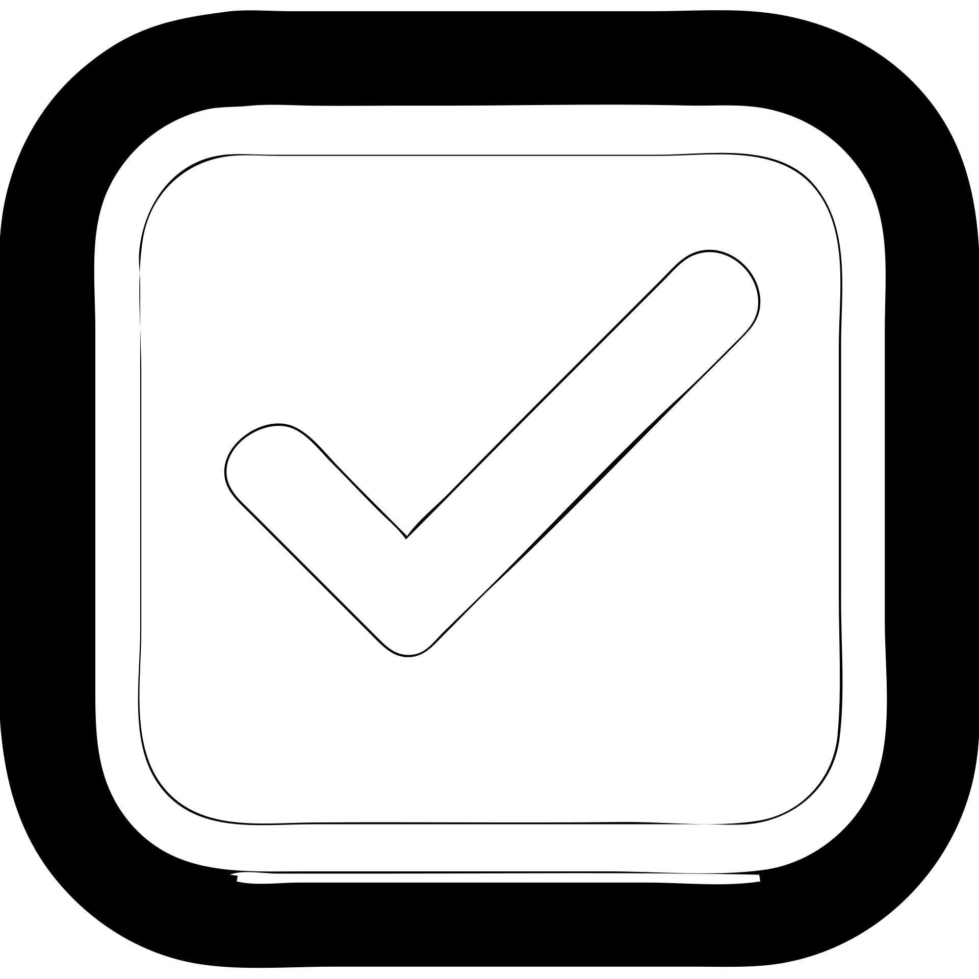 Edit the rounded square checkbox icon with a solid black fill. Make the white outline much thicker and the white check mark inside much thicker and bold. Keep the style and contrast matching the previous version for high visibility. Ensure no transparency except outside the icon. emoji