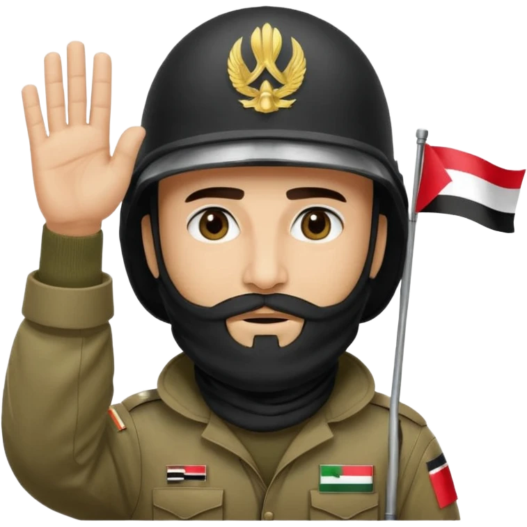 surrenders, depicts an Iraqi soldier from 1980, with a beard, in a helmet, a helmet with sign flag Iraq, with a balaclava, with sad eyes and both hands raised up emoji