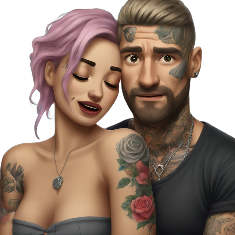 Hyper Realistic Beautiful tattooed woman crying in the arms of a handsome tattooed man  emoji