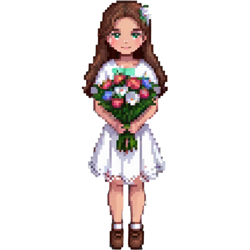 girl with brown hair wearing a white skirt holding a bouquet of flowers emoji