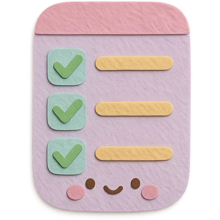 soft pastel kawaii rounded to-do list sticker with cute checkboxes, paper craft style emoji