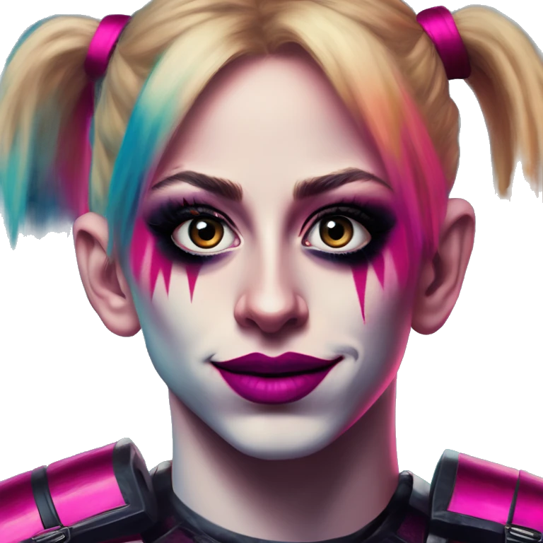 Synthwave Messi in Harley Quinn style, oil paint, mysterious eyes, intricate lips, masterpiece portrait, odd perspective, beautiful, desirable, logical emoji