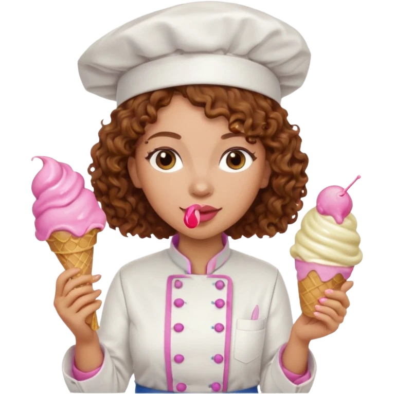 woman brown curly hair, chef, eating pink ice cream emoji