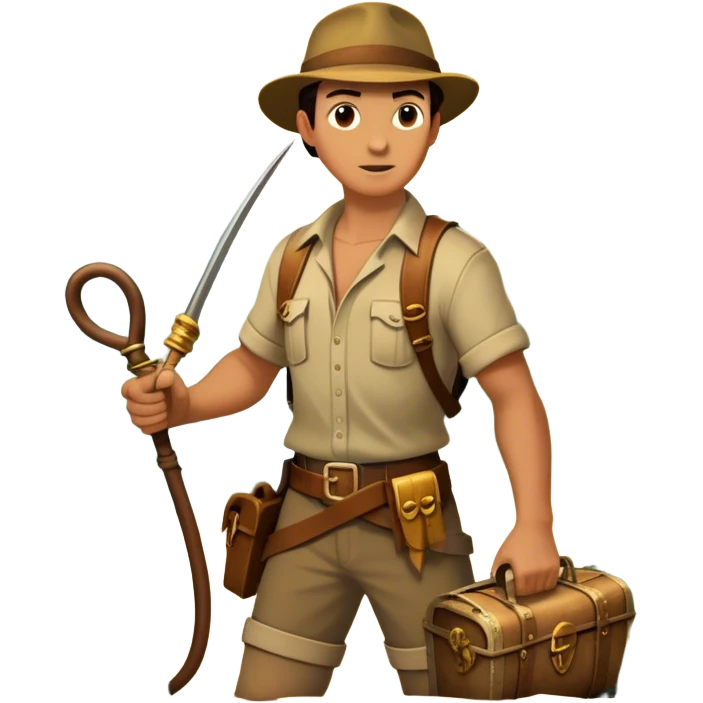 Icon for Adventure Movie: A vintage movie poster-style collage with an adventurous explorer holding a whip, a treasure map, ancient ruins, and traps. Include jungle vines, mysterious artifacts, and a daring escape scene. Retro cinematic vibe. Transparent background. emoji
