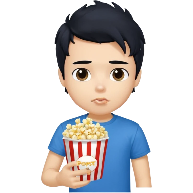 generate a pretty fair bratz boy with a blue tshirt on. eating popcorn. messy black hair emoji