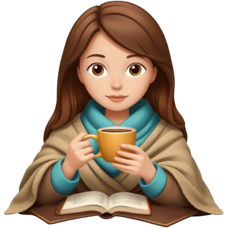 Beige Brown hair Girl drinking coffee, with a cozy blanket and book emoji