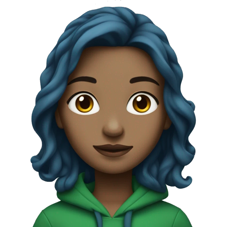 white girl with long wavy dark blue middle parted hair wearing green hoodie emoji