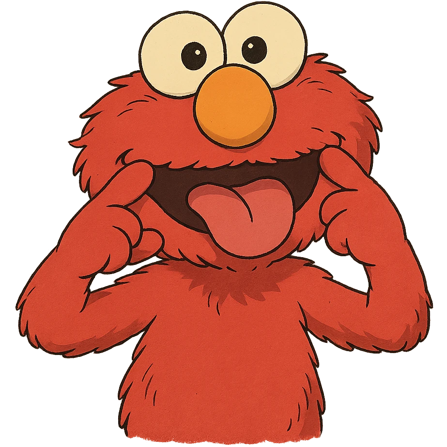 ghibli style Elmo making a silly face emoji
