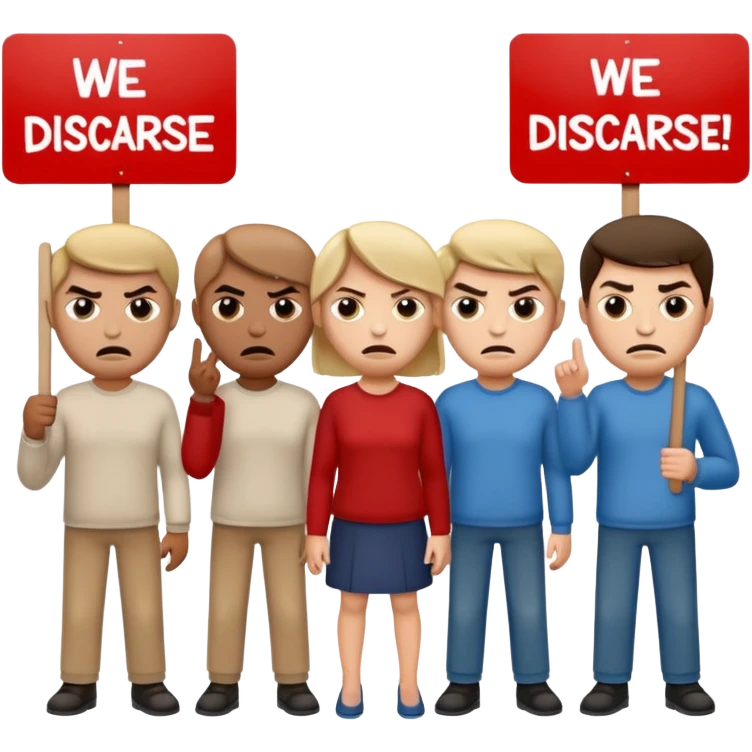 a crowd of people with angry faces and holding placards that read: we disagree emoji