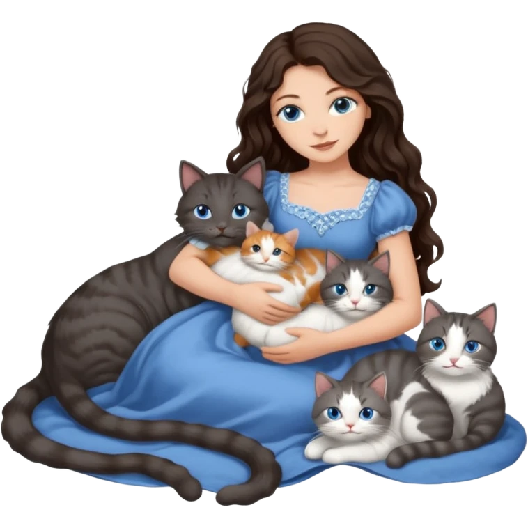detailed realistic looking a dark grey and white cat regally laying with six other cats, cuddling with their owner in bed who is a pretty bratz lightly tanned white girl with long dark brown hair, blue eyes and gorgeous long wavy hair wearing a pretty detailed dress emoji