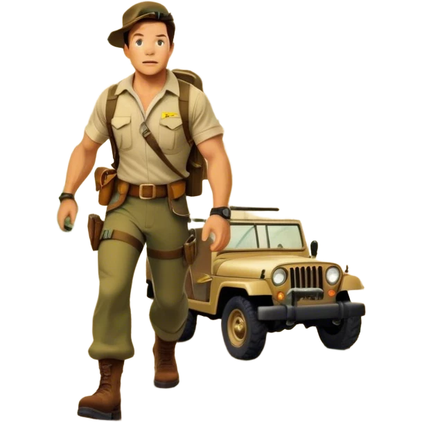 A vintage movie poster-style collage. Include action-packed elements like a treasure map, jungle scenes, a rugged explorer with a compass and a speeding jeep. Add a shadowy figure resembling close-up Mark Wahlberg in adventurous gear. Dramatic lighting, dynamic composition. Transparent background. emoji