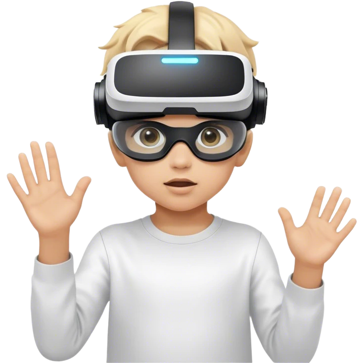 Child wearing virtual reality glasses, with a curious and engaged expression, exploring the digital world through VR technology. emoji