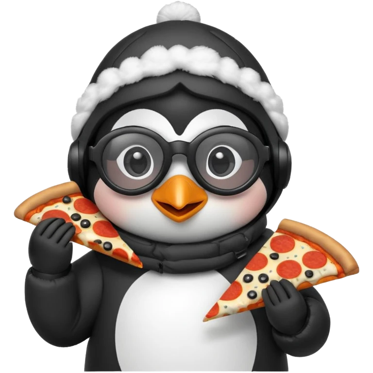 cute penguin eating pizza, skiing glasses on top of head, wearing a puffy coat emoji