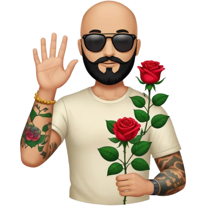  Bald man with sunglasses black beard raising hand with only one colorful roses tattoo on forearm  emoji