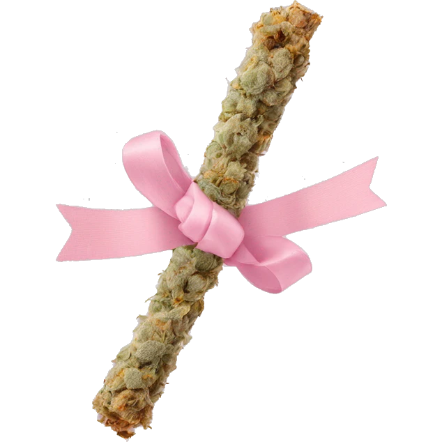 Rolled cbd joint with light baby pink ribbon on it emoji
