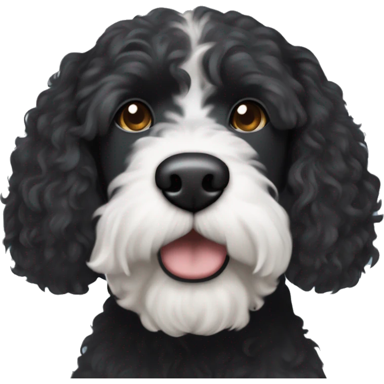 black Portuguese water dog with brown snout and white circle patch of hair on only top of head emoji